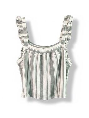 LOFT Sage Green Stripe Ruffle Strap Tank Top Medium Coastal Summer